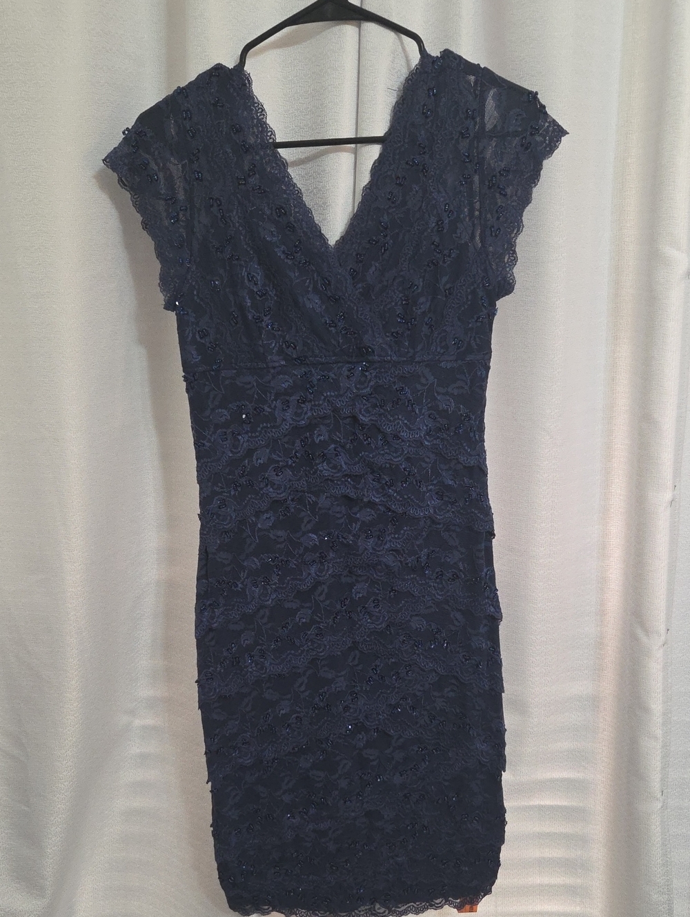 MARINA Navy Beaded Lace V-Neck Midi Dress